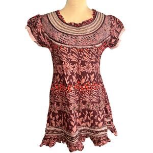Zola Earthly Fashion Dress Pink Burgundy Floral Bead Embellished Tunic India M